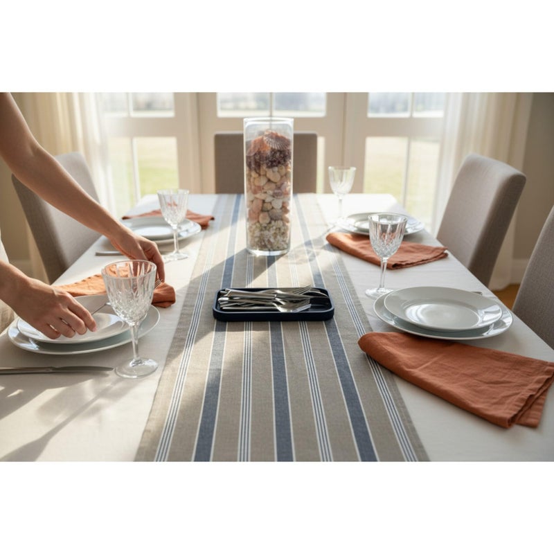 Eight Owls Nautical Table Runner - 72 Inch - Cotton Decorative Embroidered Design â€“ Natural, Navy Blue and White (Coastal Lighthouse) - Image 3